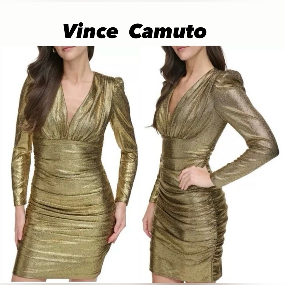 Vince Camuto Gold  Ruched Long-Sleeve V-Neck Sheath Dress Size 8